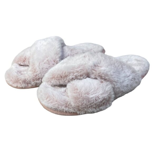 Women's Fuzzy Pink Top Cross Slipper House Faux Fur Size 7 Slip on - Picture 3 of 7